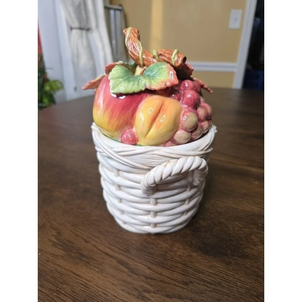 Fitz & Floyd‎ Basket Weave Cookie Jar / Canister - Apple Plums Pear Grape 9 X 7
